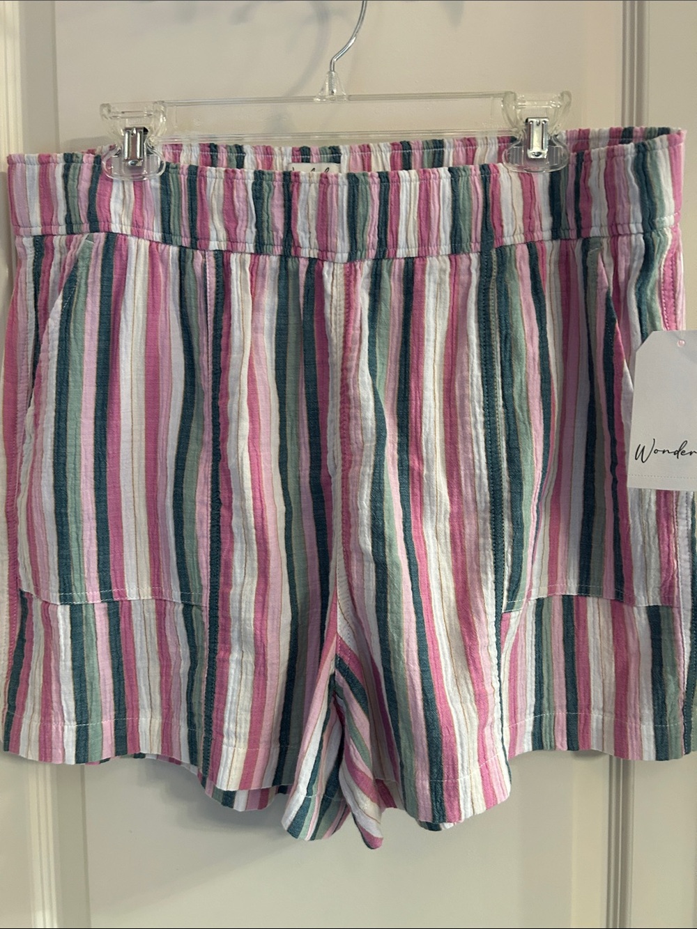 Wonderly Pink, Green & White Striped High Waist Shorts